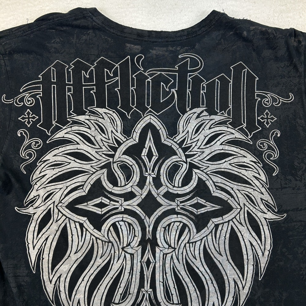 Vtg Affliction Shirt Mens XL Live‎ Fast Cross AOP Graphic Distressed Y2K Grunge - Picture 2 of 11